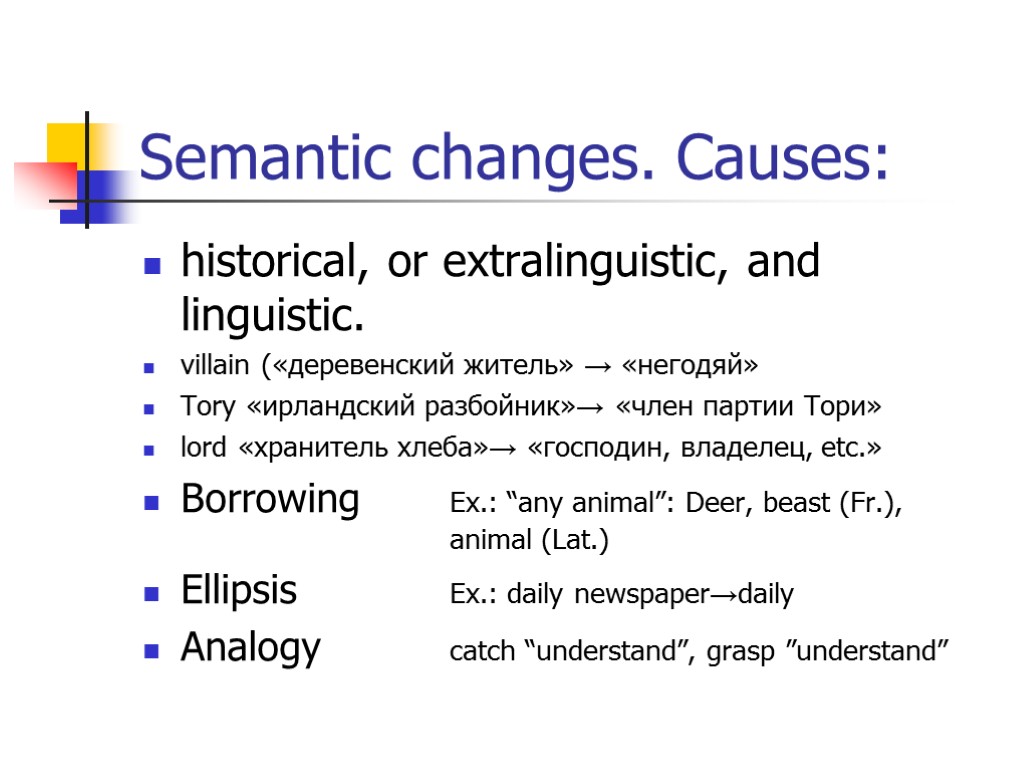 Semantic changes. Causes: historical, or extralinguistic, and linguistic. villain («деревенский житель» → «негодяй» Tory